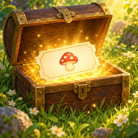 Illustration: Wooden chest with a blank ticket, no code printed
