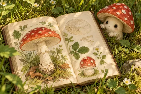 Illustration: Open field journal beside a red-capped mushroom creature