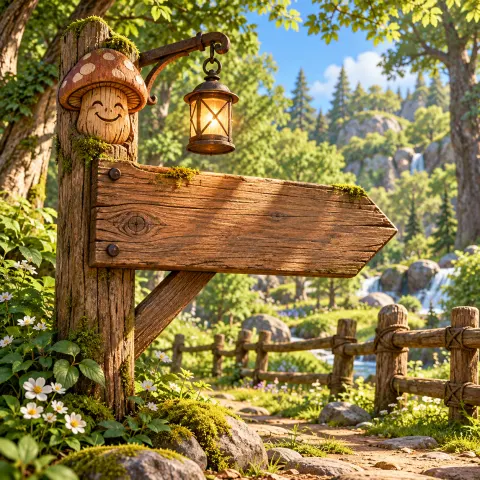 Illustration: Wooden signpost in a sunny forest grove