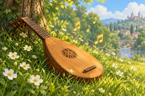 Illustration: Wooden lute lying in grass with yellow music notes