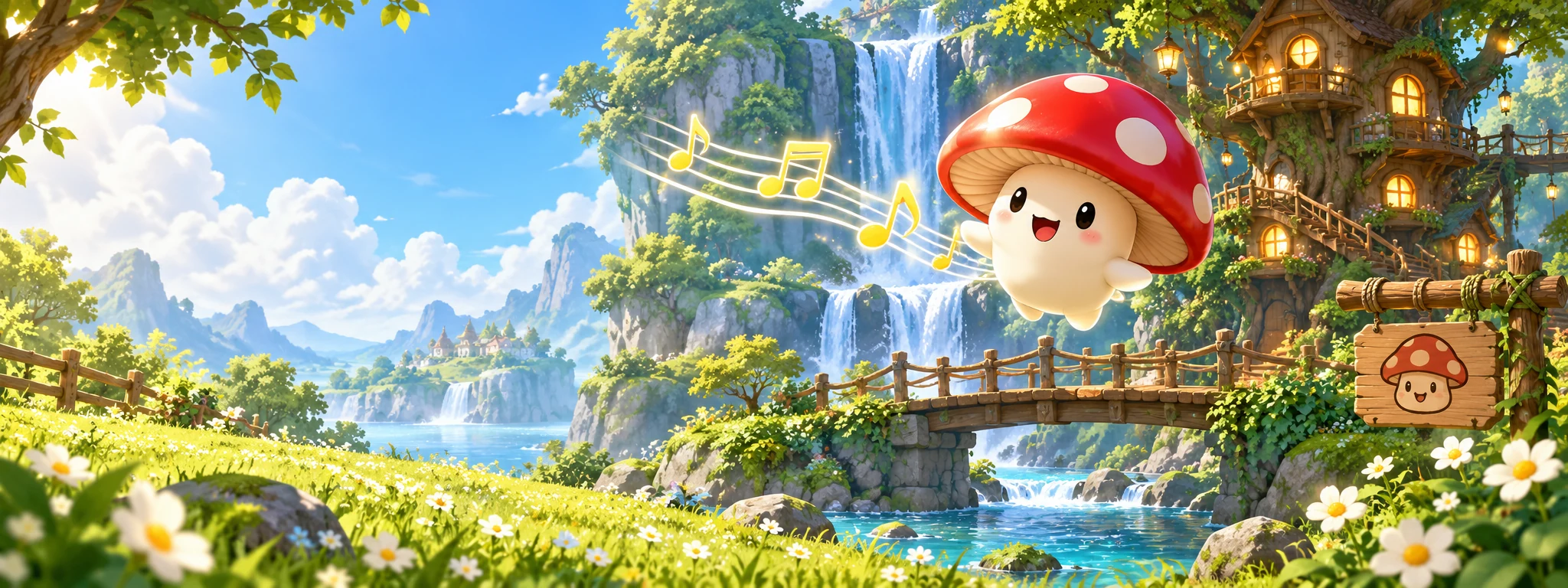 Illustration of a sunny forest with a red-capped creature, music notes, a waterfall, and a treehouse; not a gameplay screenshot